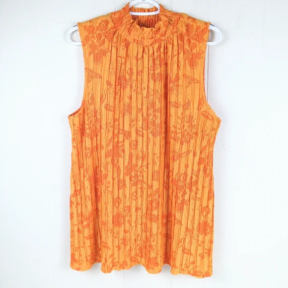 Cato Orange Floral Pleated Sleeveless High-Neck Top Size 14/16W - Picture 1 of 8